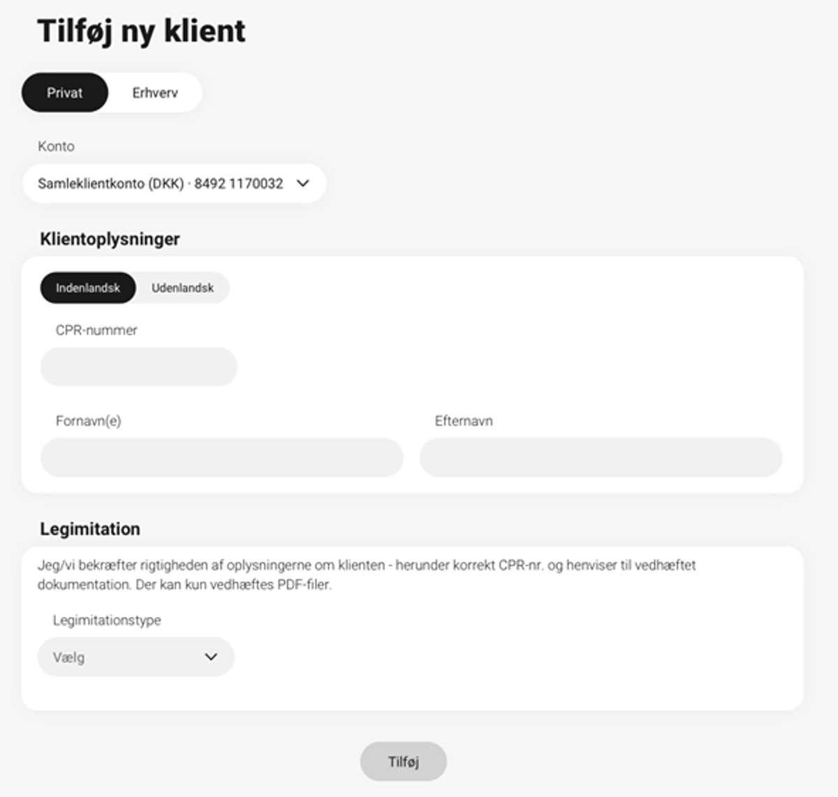 eksempel på klientoprettelse til samleklientkonti i Netbank Erhverv