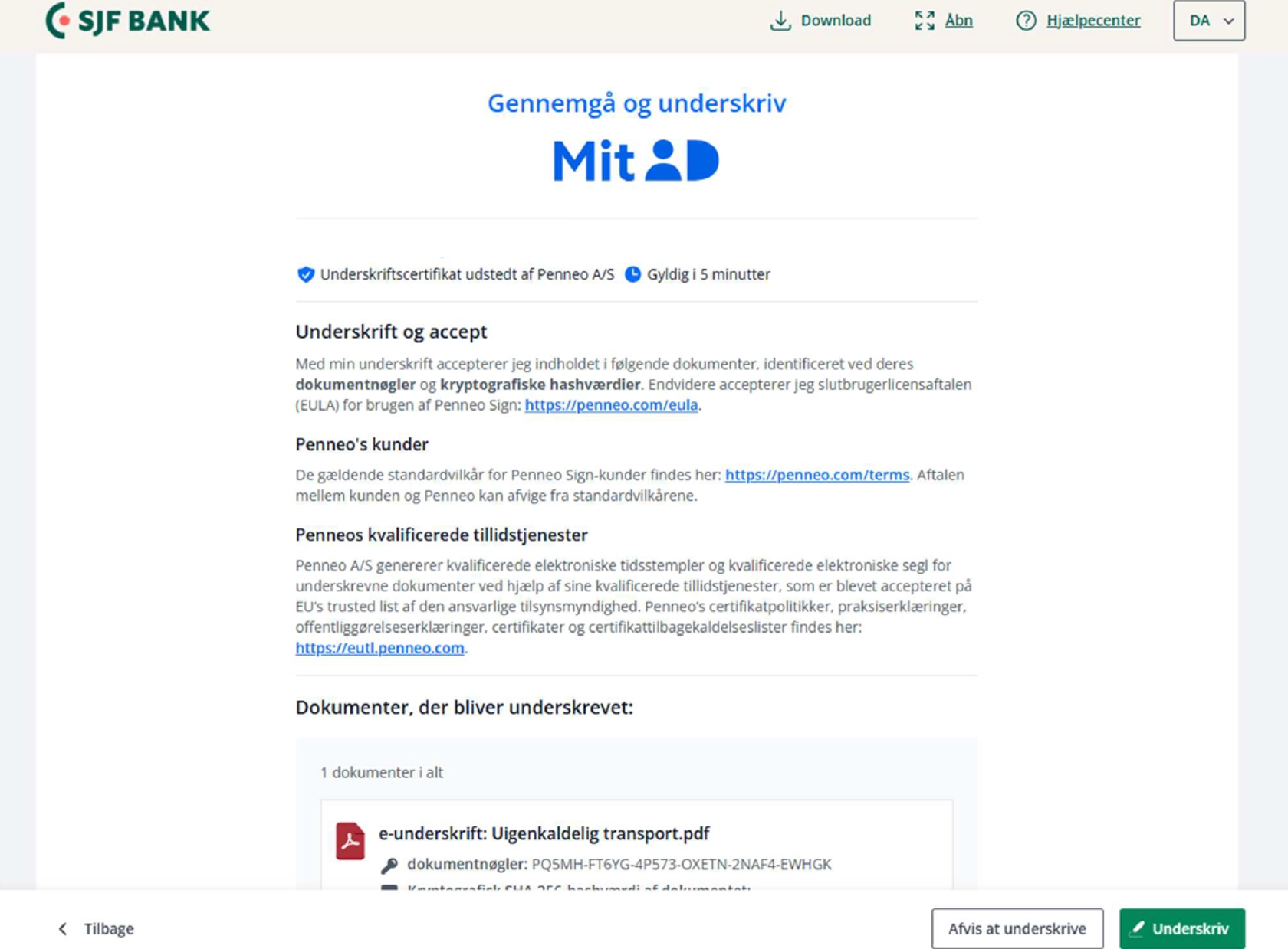 skærmbillede der viser hvordan man går videre til underskrift