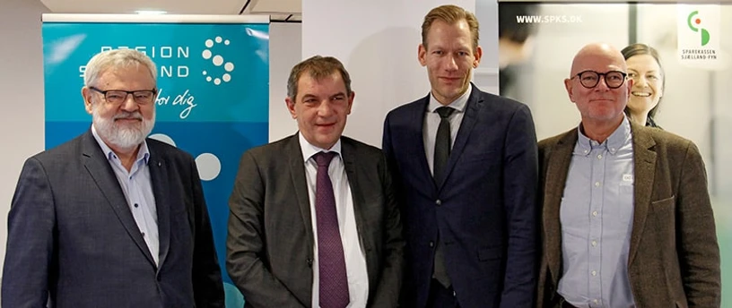 På billedet fra venstre: Torben Dalby Larsen, chefredaktør, Lars Petersson, administrerende direktør for SJF Bank, Heino Knudsen, regionsrådsformand for Region Sjælland og Bruno Hansen, Formand for DGI Midt- og Vestsjælland.