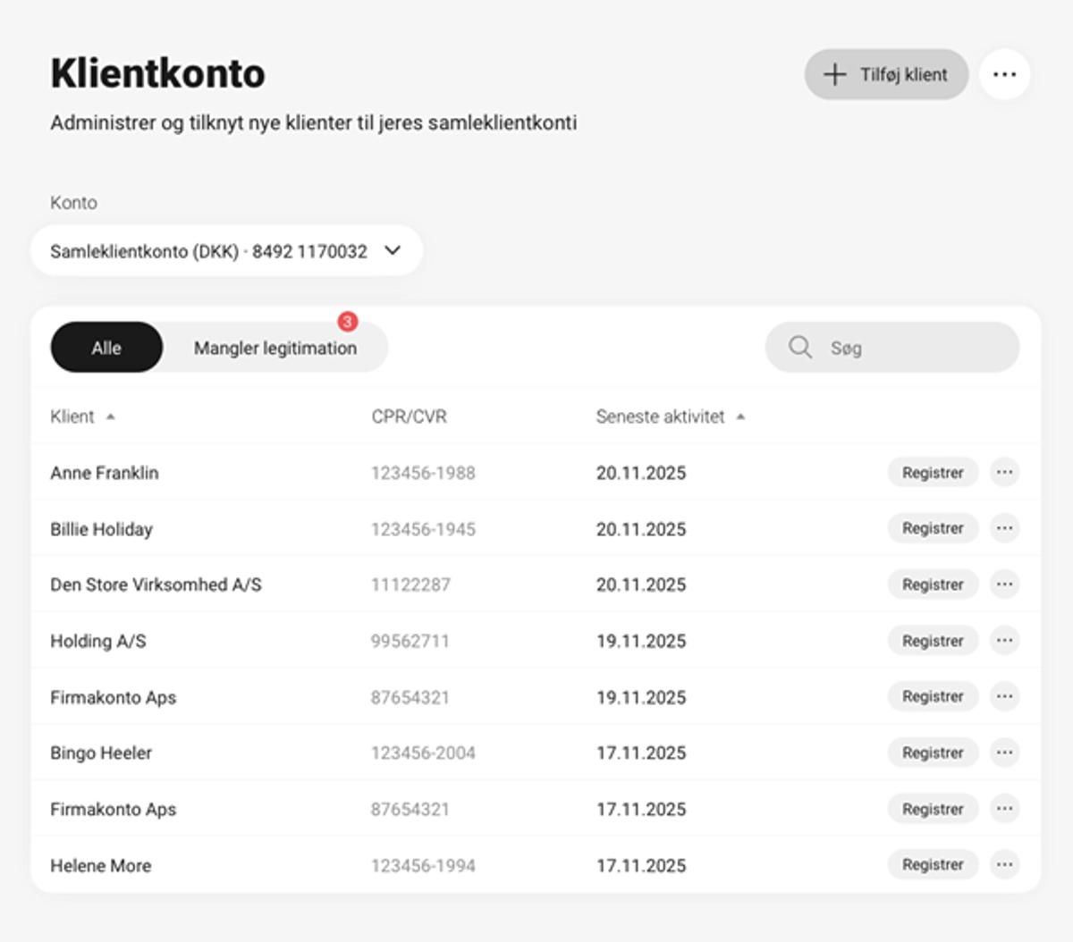 Overblik over klienter på samleklientkonti i Netbank Erhverv