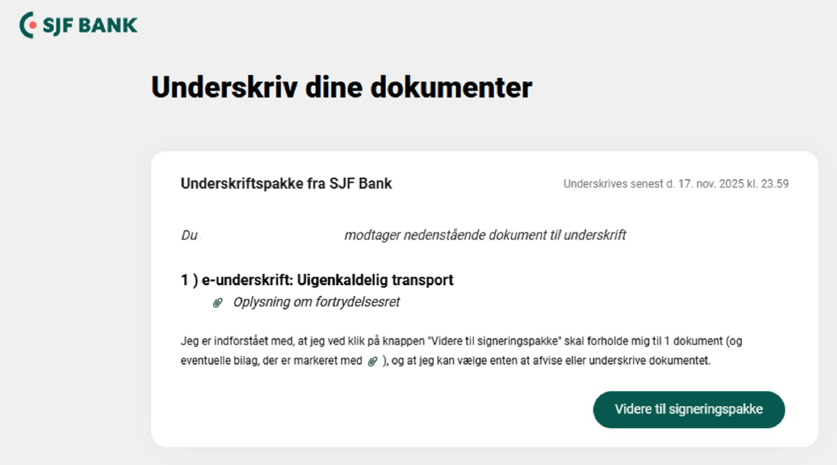 skærmbillede der viser hvordan man går videre til dokumentpakken