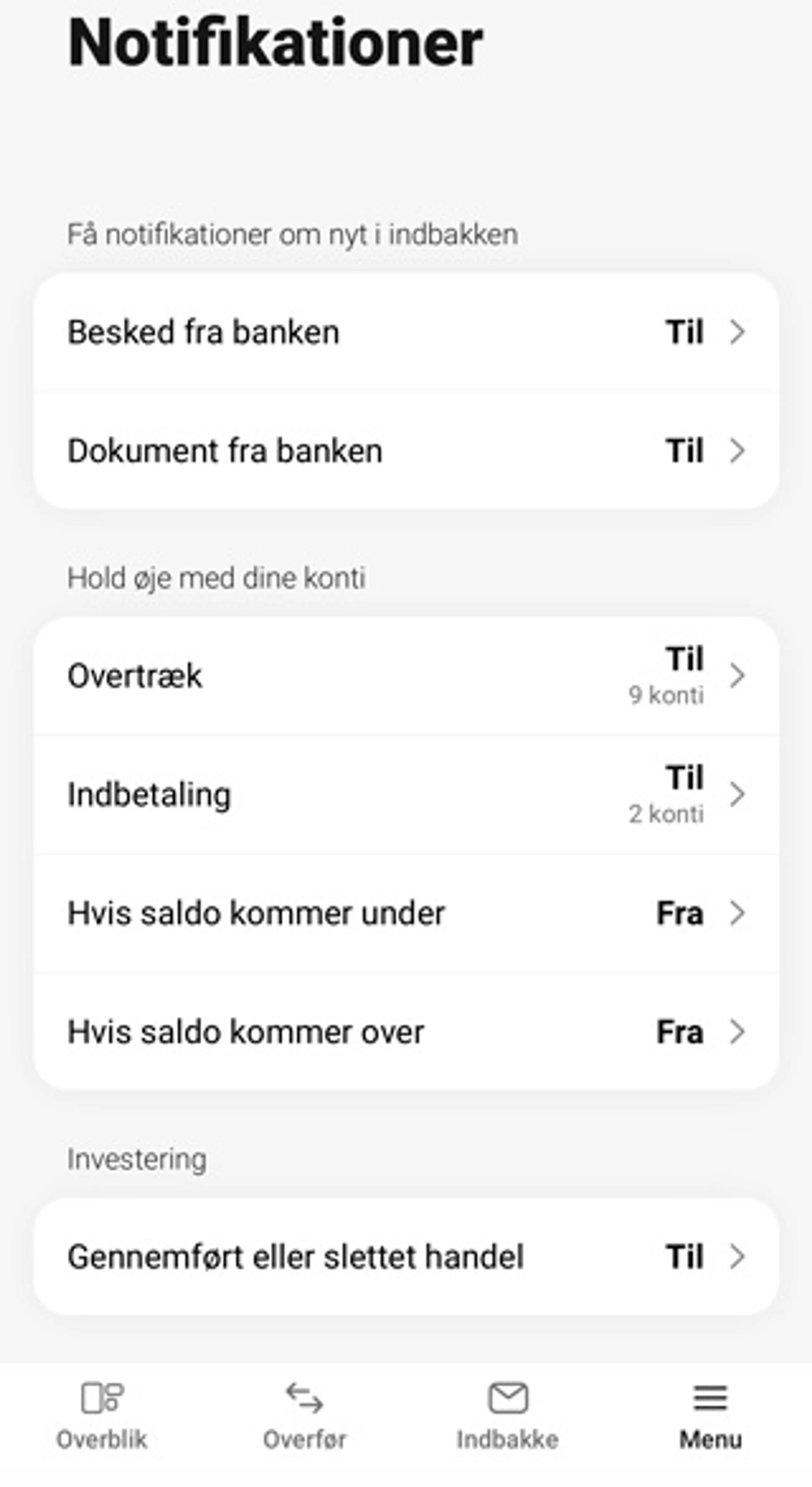 Notifikationsindstillinger i Mobilbanken
