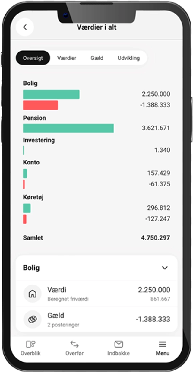 Sådan ser menupunktet værdier i alt ud i din Mobilbank